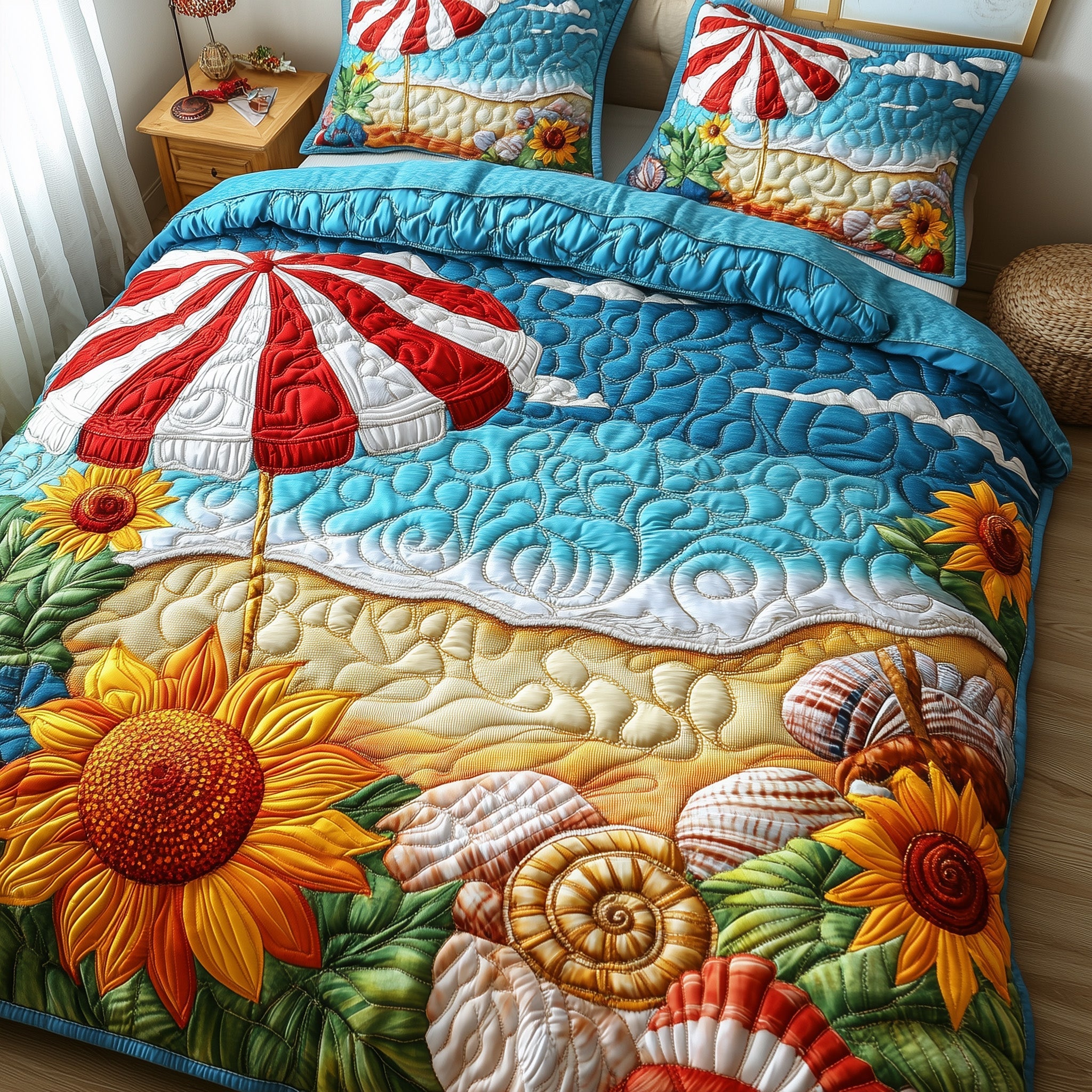 Sunflower Beach Quilted Bedding Set Duvet Cover Merchandise Gifts For Someone Who Loves The Beach