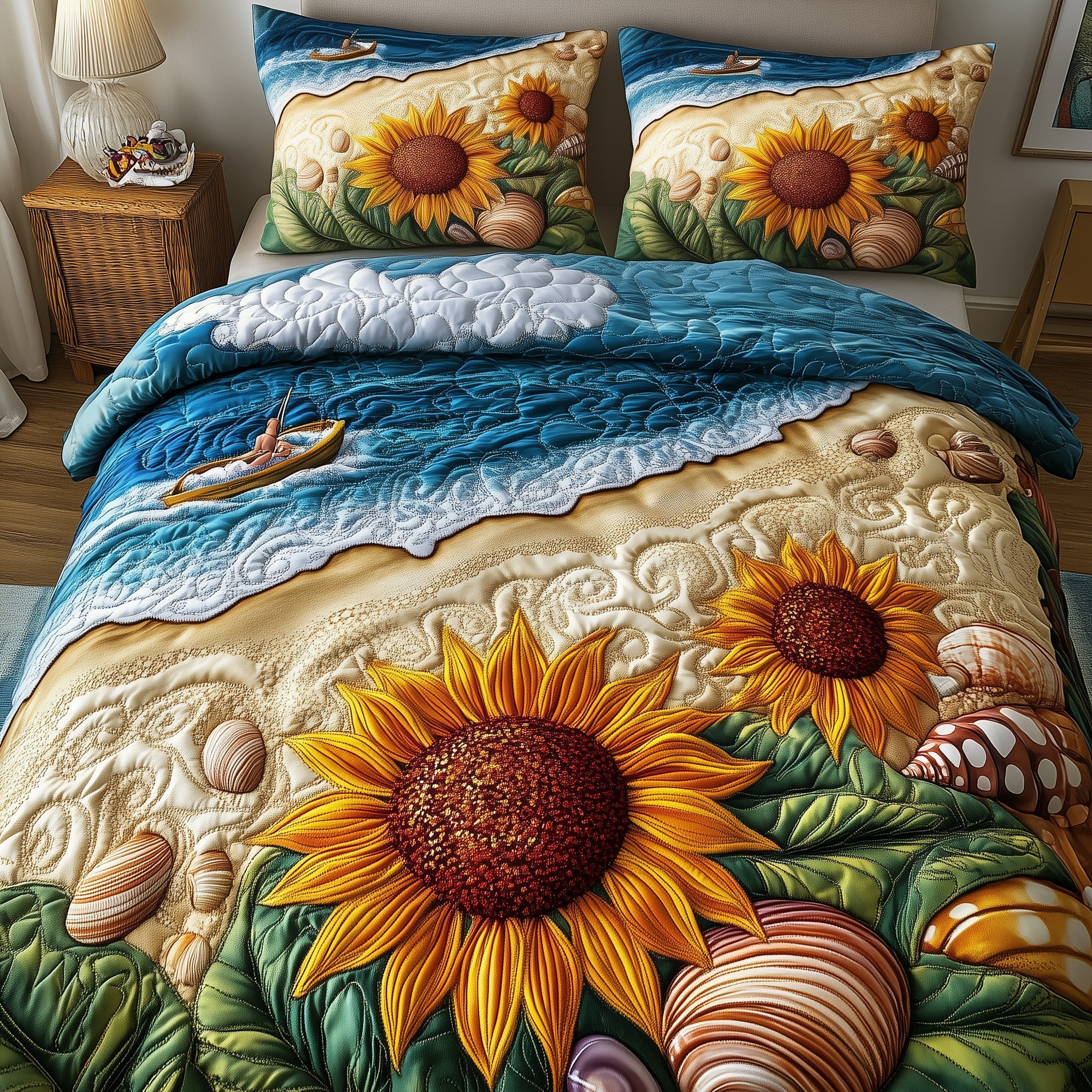 Sunflower Beach Quilted Bedding Set Duvet Cover Merchandise Good Gifts For Beach Lovers
