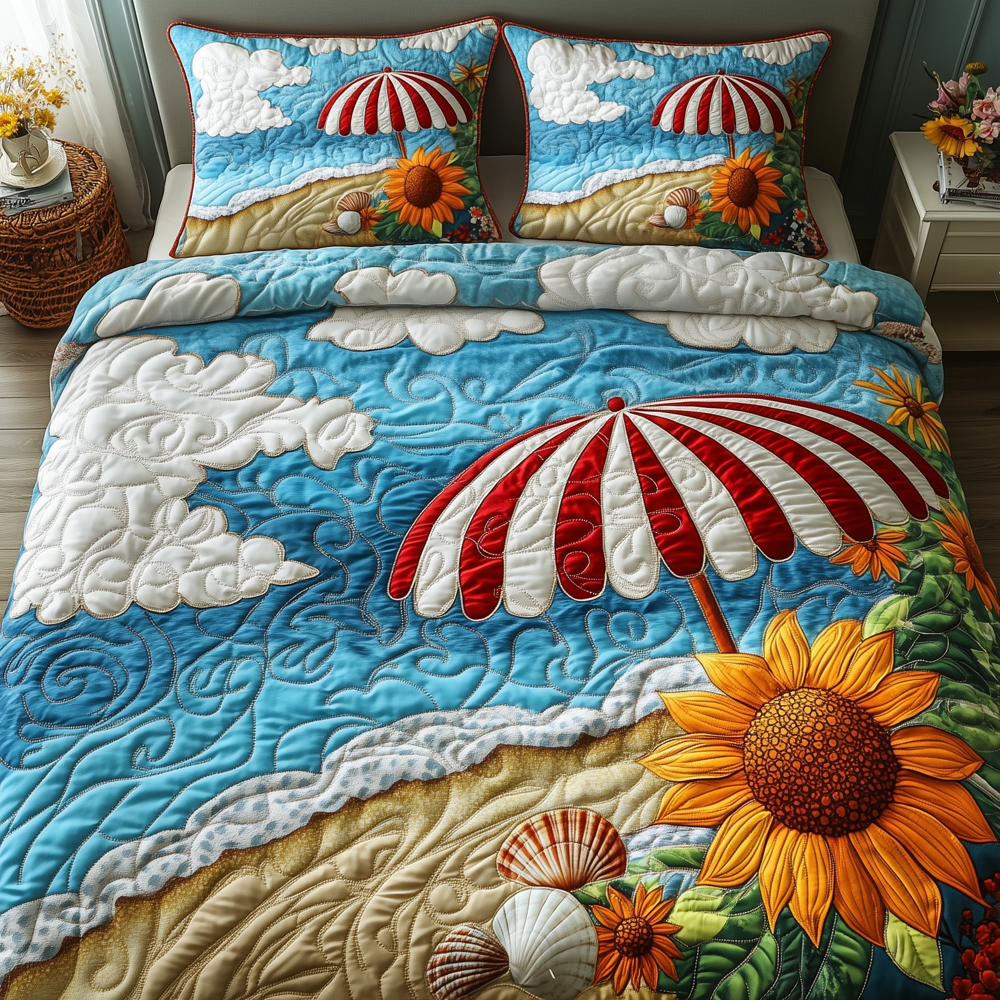 Sunflower Beach Quilted Bedding Set Duvet Cover Merchandise Great Gifts For Beach Lovers