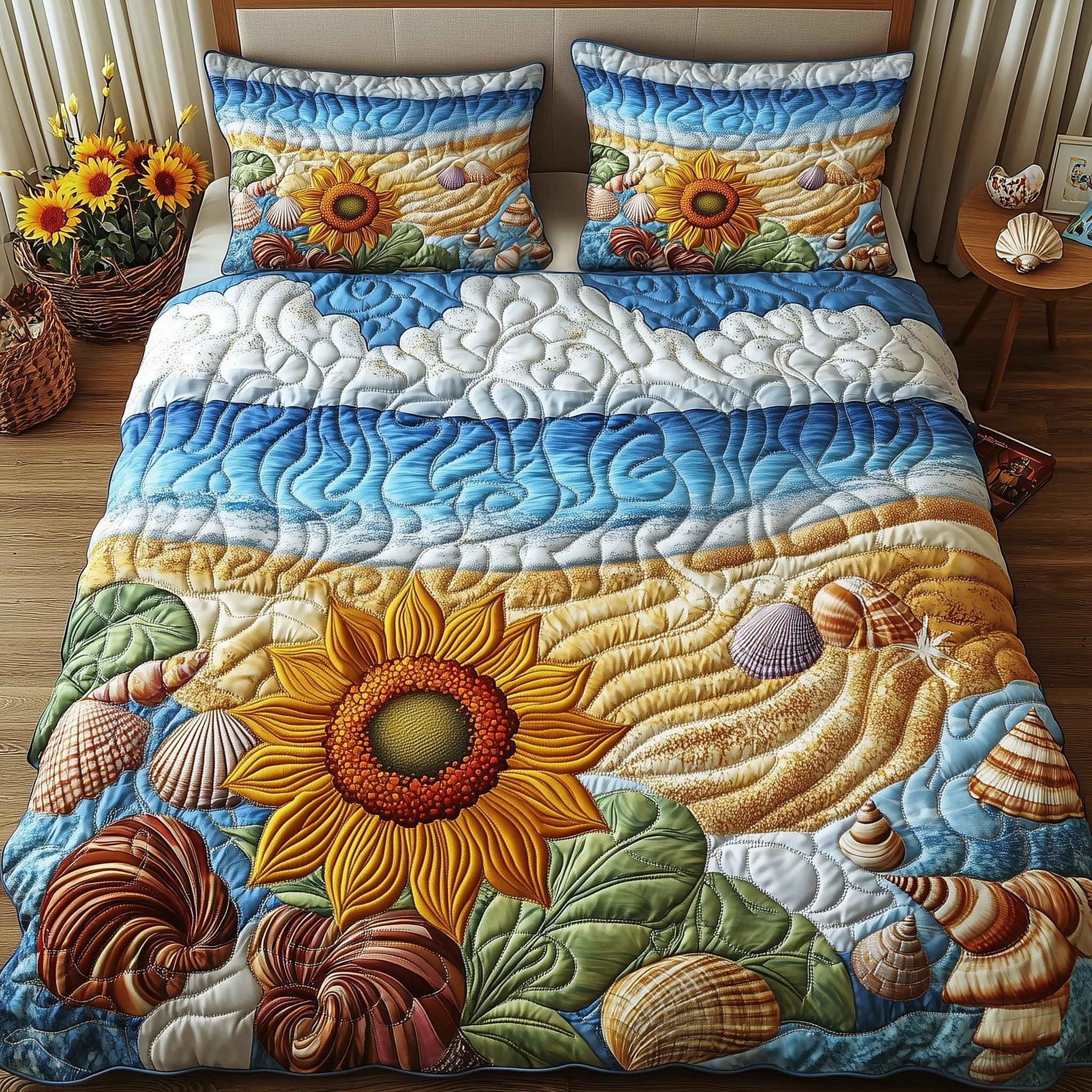Sunflower Beach Quilted Bedding Set Duvet Cover Merchandise Presents For Beach Lovers