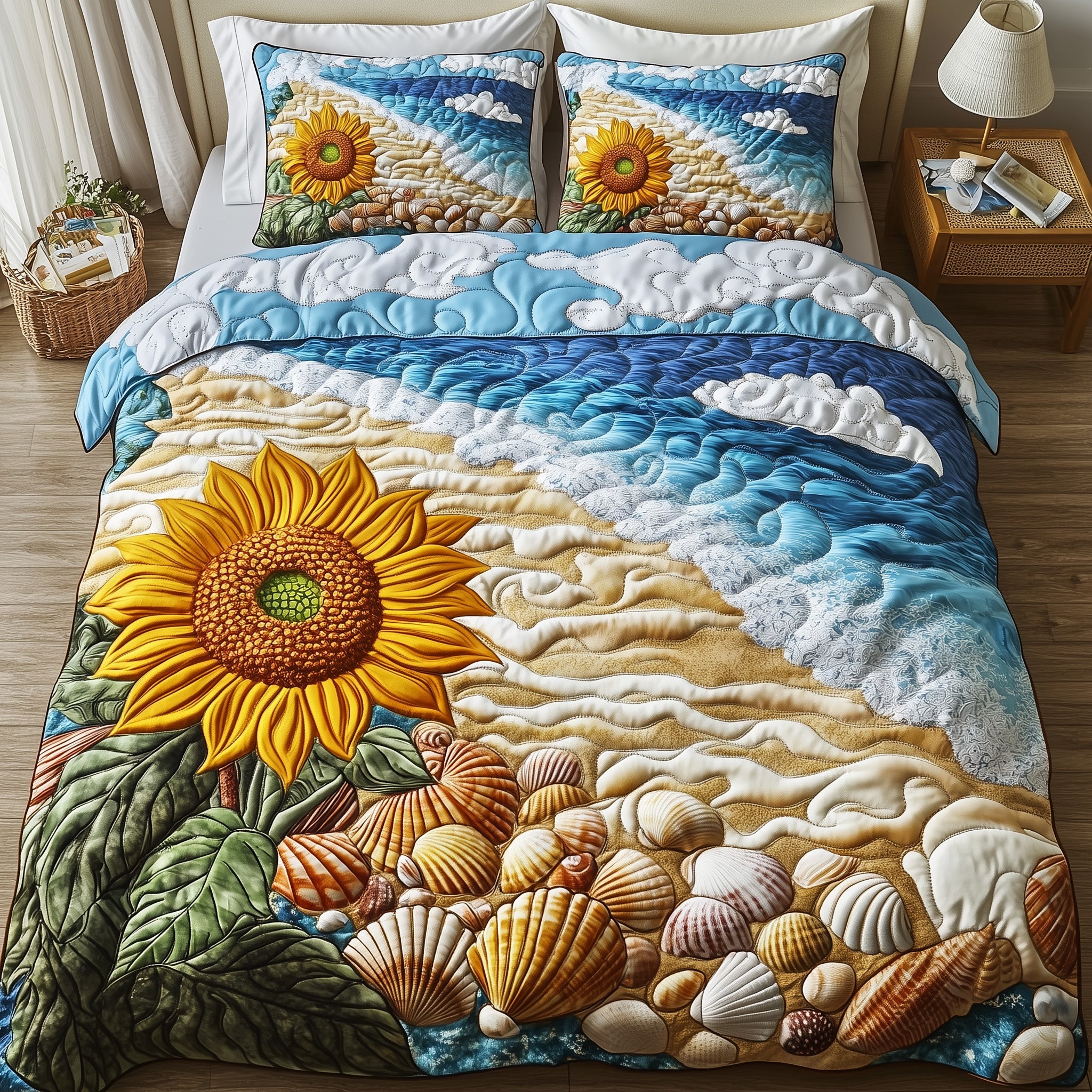 Sunflower Beach Quilted Bedding Set Duvet Cover Merchandise Unique Gifts For Beach Lovers