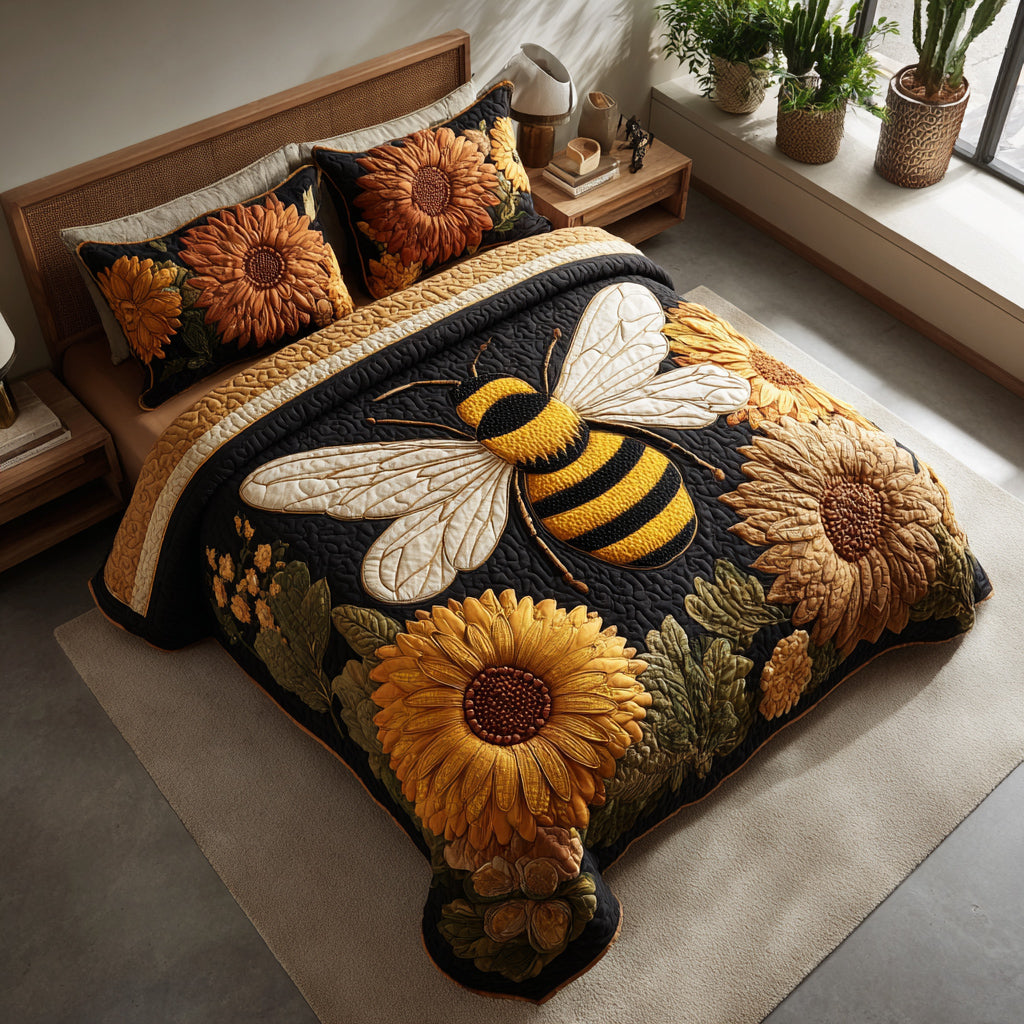 Sunflower Bee Quilted Bedding Set Warm and Elegant Bedding Gift Set for Every Home