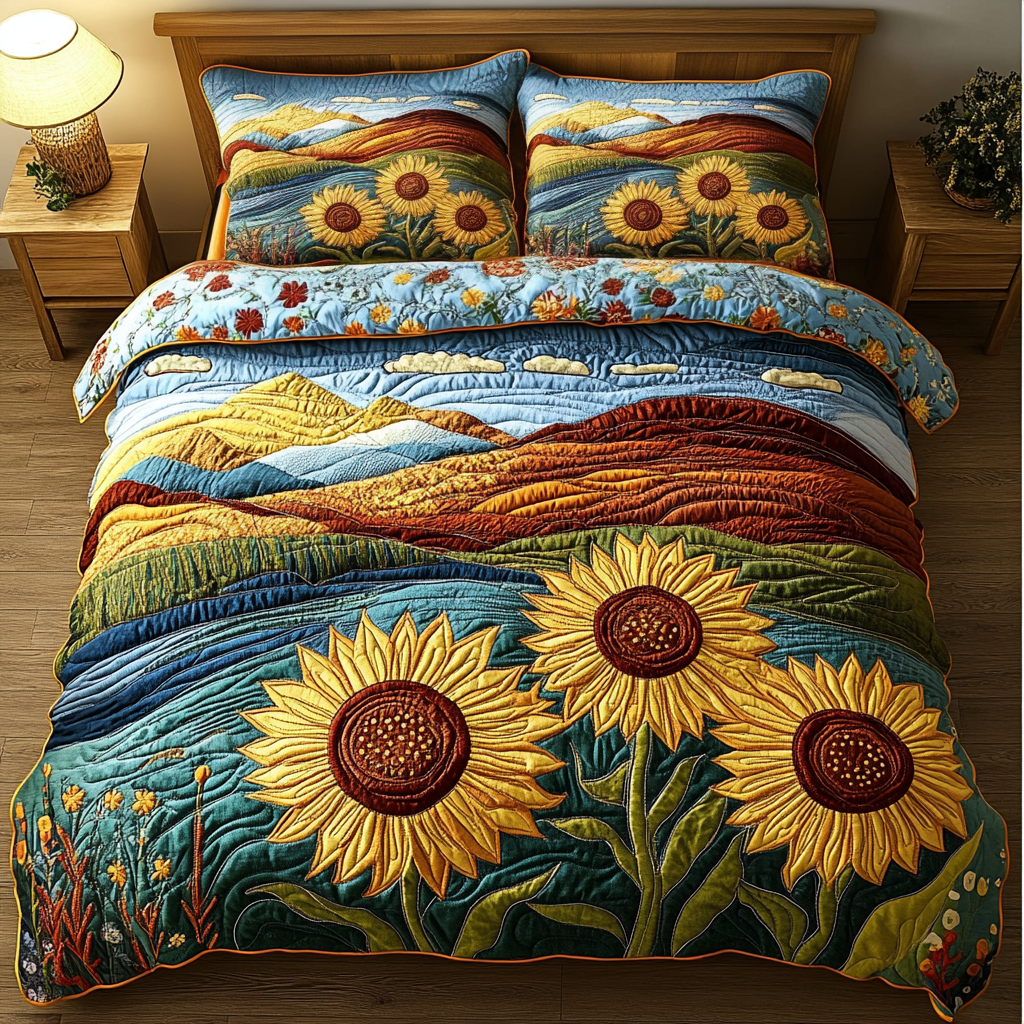Sunflower Bliss Quilted Bedding Set Bed Room Decoration Sunflower Gifts For Her