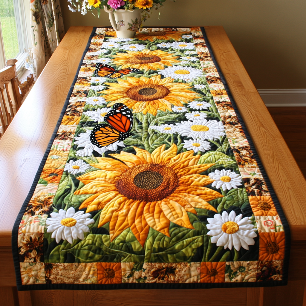 Sunflower Bliss Quilted Table Runner Floral Table Topper Kitchen Table Decor