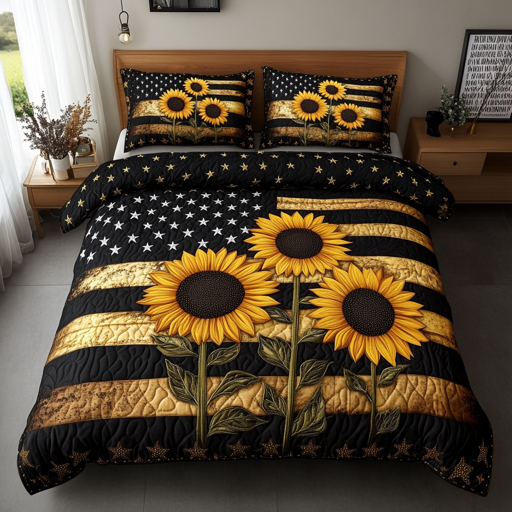 Sunflower Bloom Quilted Bedding Set Bed Decor Sunflower Items For Gifts