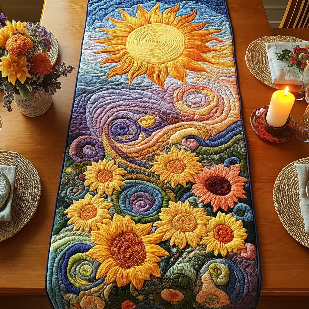 Sunflower Bloom Quilted Table Runner Dinner Table Decor Ideas Gifts For Sunflower Lovers