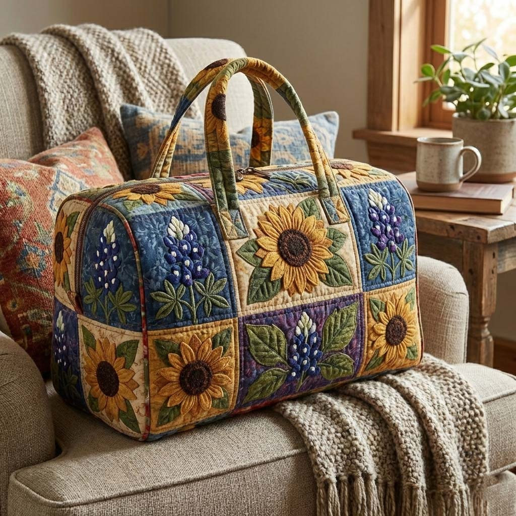 Sunflower Bluebonnet Quilted Duffle Bag Texas Wildflower Patchwork Best Gift Ideas