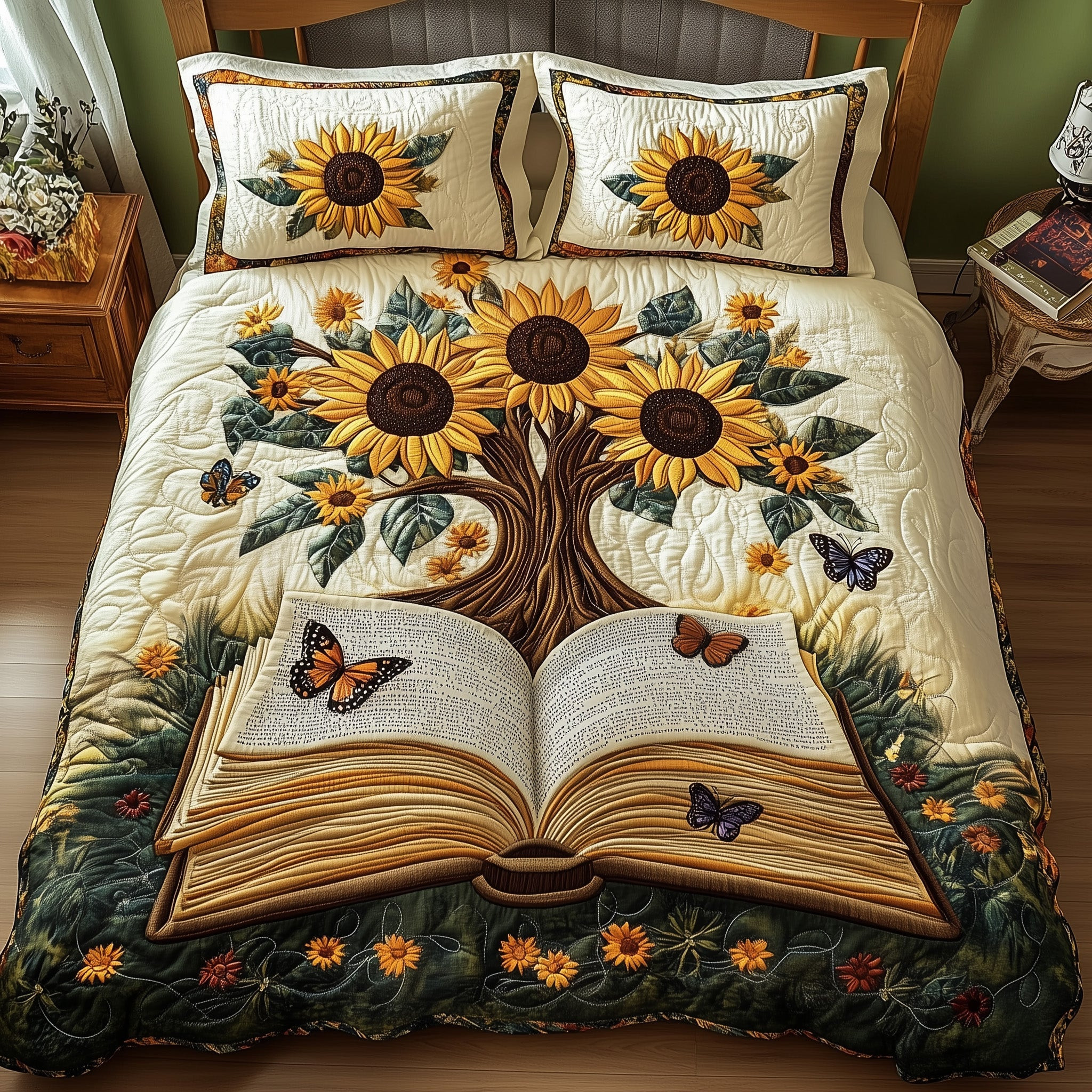 Sunflower Book Quilted Bedding Set Blooming Book Sunflower Design Bedding Gifts