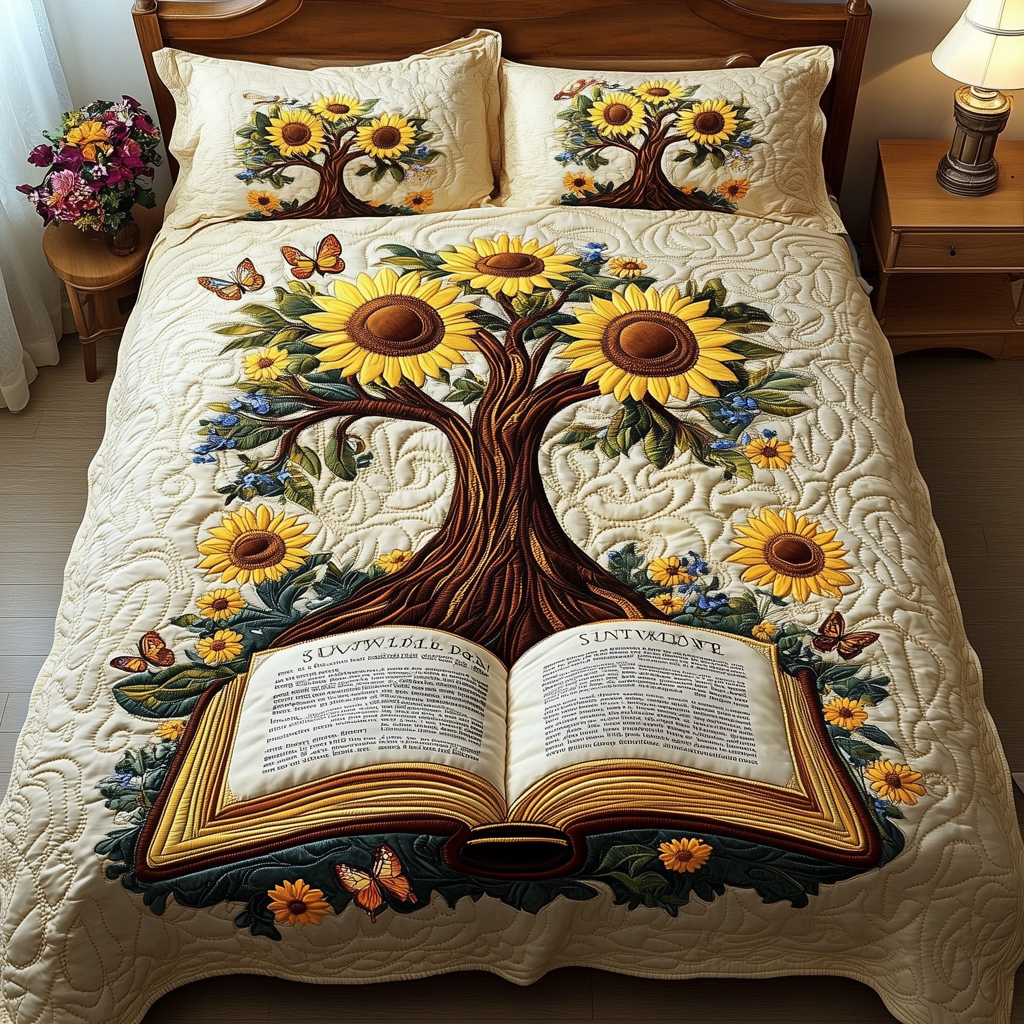 Sunflower Book Quilted Bedding Set Blooming Book Sunflower Themed Bedding Gifts