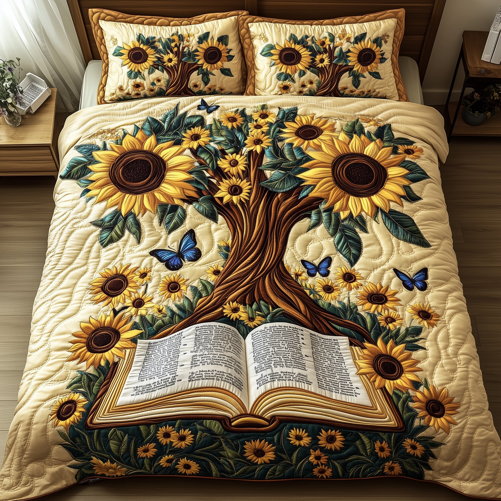 Sunflower Book Quilted Bedding Set Sunflower Botanical Book Flower Themed Bedding Gifts