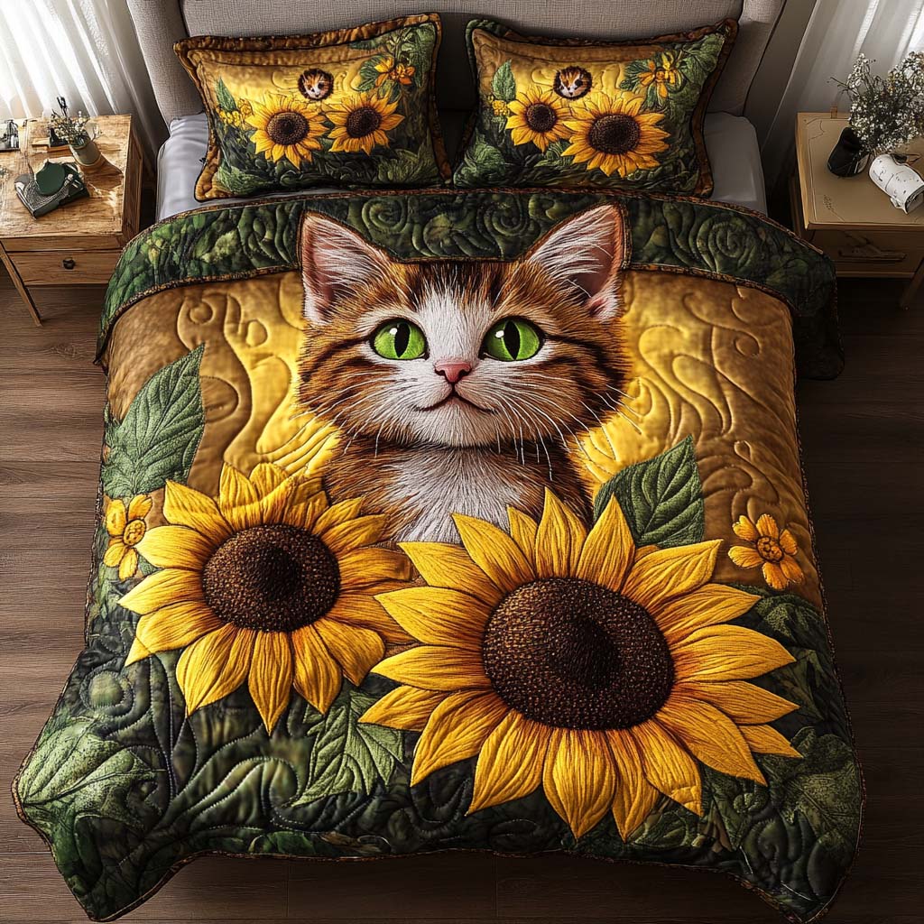 Sunflower Buddy Quilted Bedding Set Bedroom Decorations Items For Cat Lovers