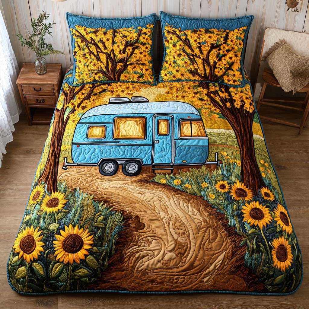 Sunflower Camper Trail Quilted Bedding Set Autumn Themed Bed Sheets Camping Themed Christmas Gifts