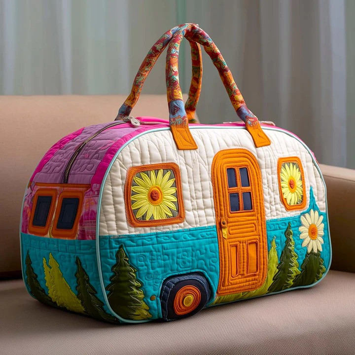 Sunflower Camper Van Quilted Duffle Bag Floral Travel Bag Best Gift For Sunflower Lovers