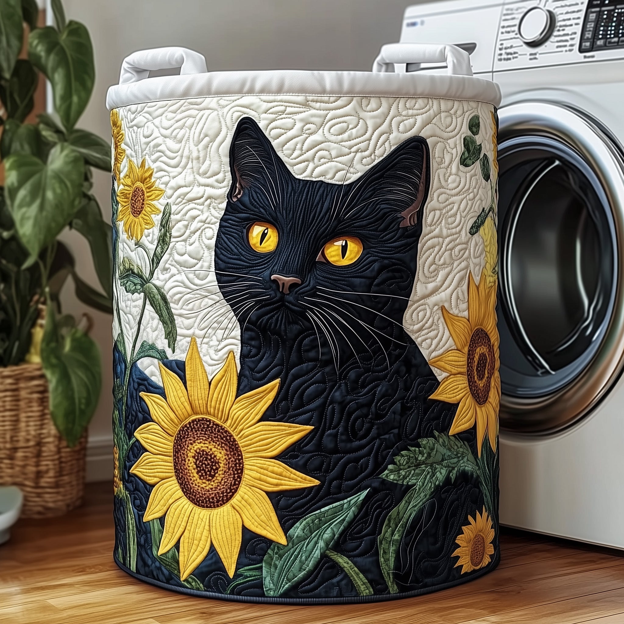 Sunflower Cat Quilted Laundry Basket Birthday Merch Gift