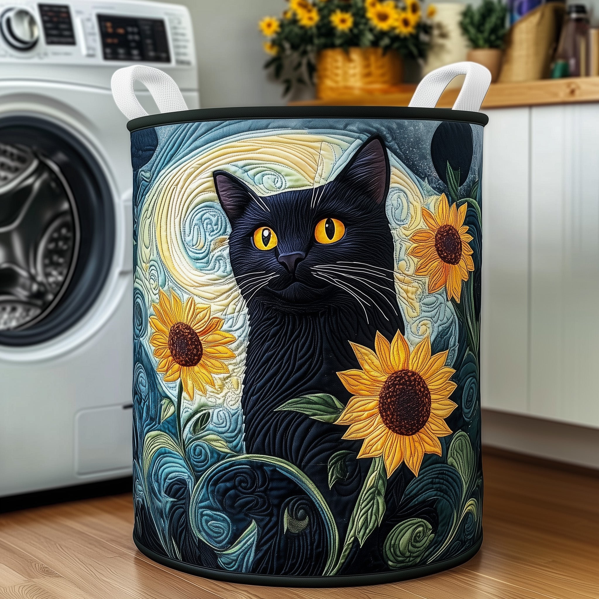 Sunflower Cat Quilted Laundry Basket Ideal Gift For Mom