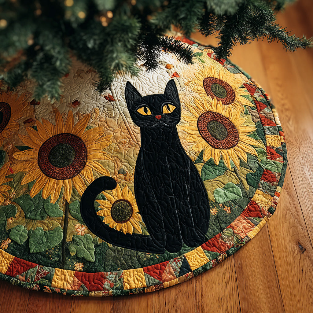 Sunflower Charm Christmas Quilted Tree Skirt Holiday Decorations Awesome Gifts For Cat Lovers