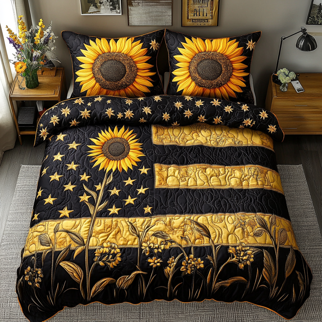 Sunflower Charm Quilted Bedding Set Bed Decorations Sunflower Birthday Gifts