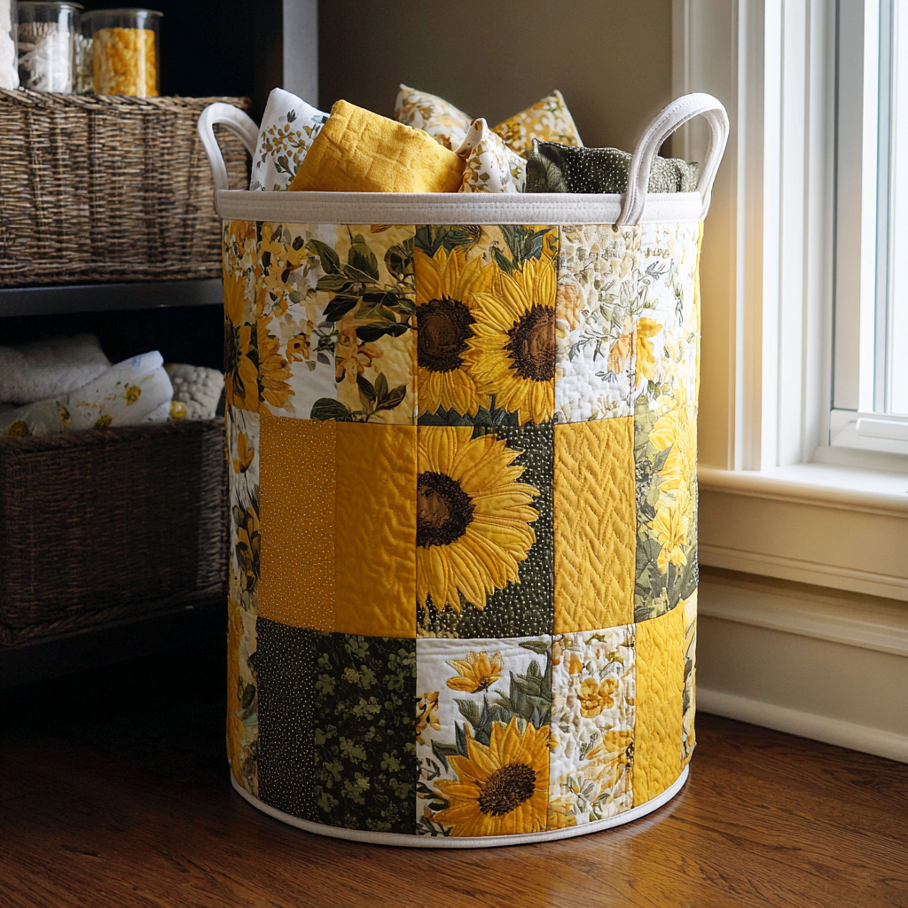 Sunflower Charm Quilted Laundry Basket Modern Quilted Laundry Basket Gift for Stylish Homes