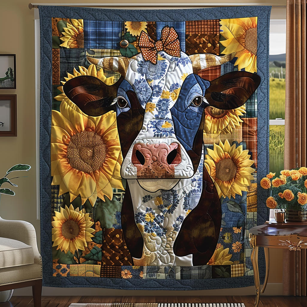 Sunflower Chic Bowtie Cow Quilted Blanket Presents For Cow Lovers