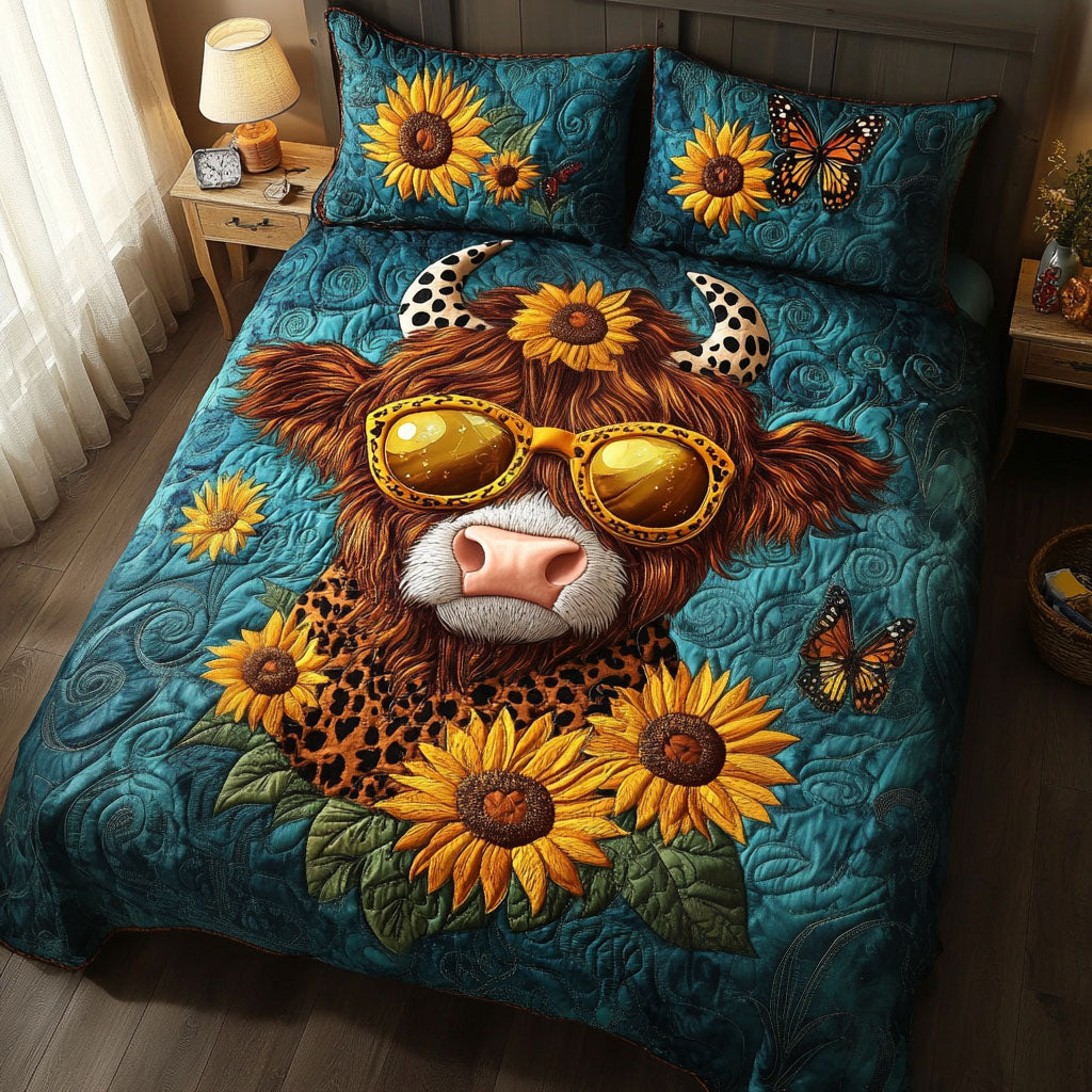Sunflower Chic Quilted Bedding Set Bed Decorations Highland Cow Themed Gifts