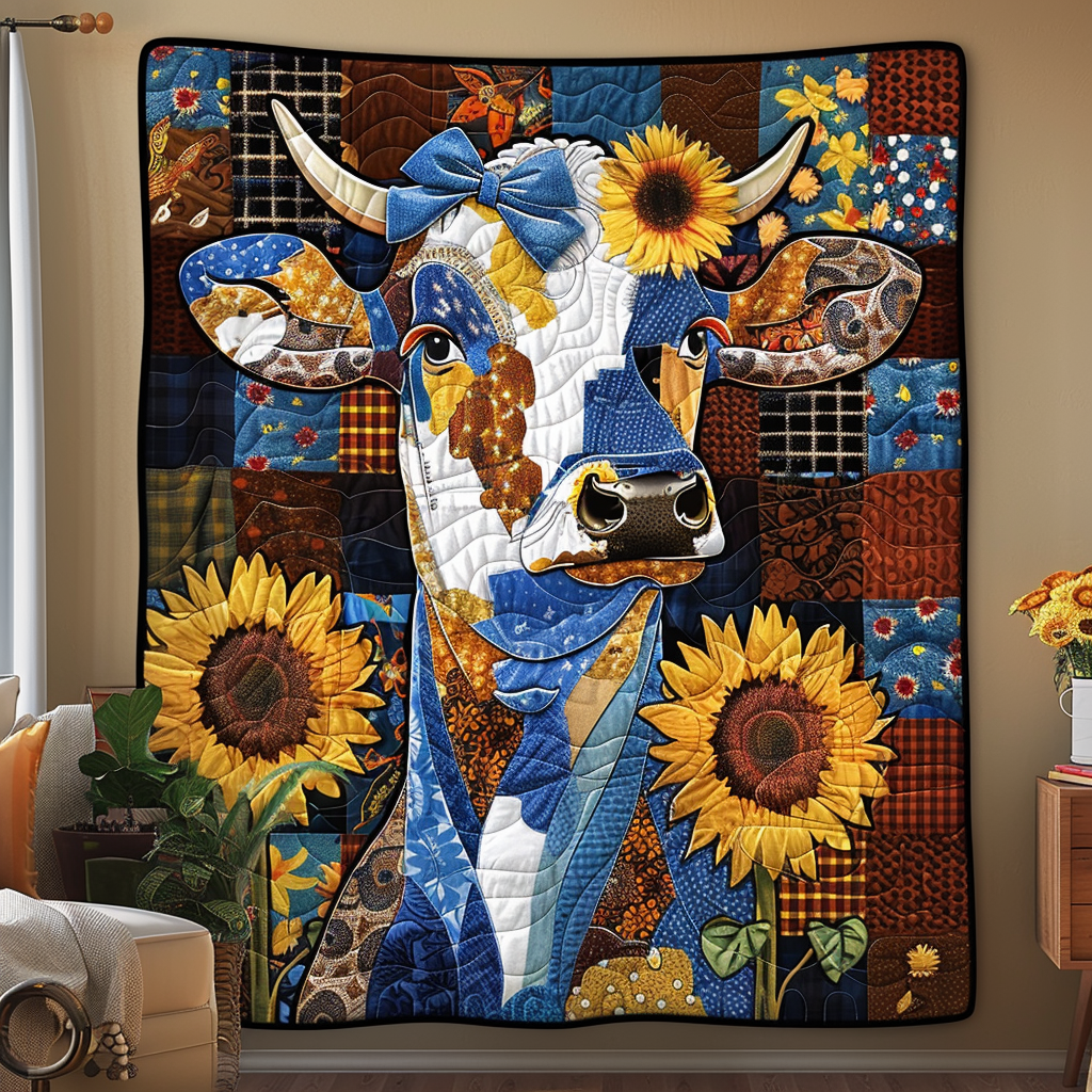 Sunflower Cow Patchwork Quilted Blanket Presents For Cow Lovers