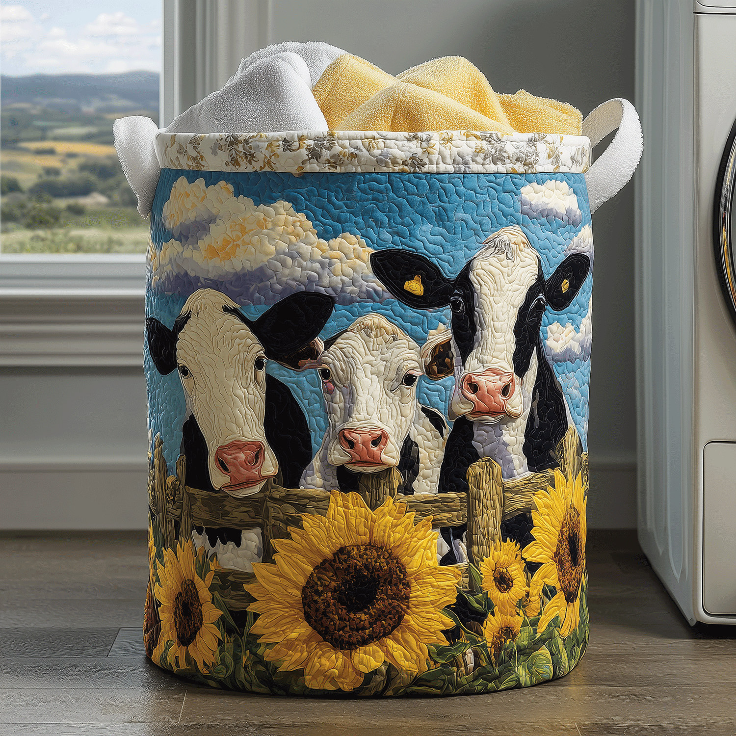 Sunflower Cow Quilted Laundry Basket Everyday Merch Choice