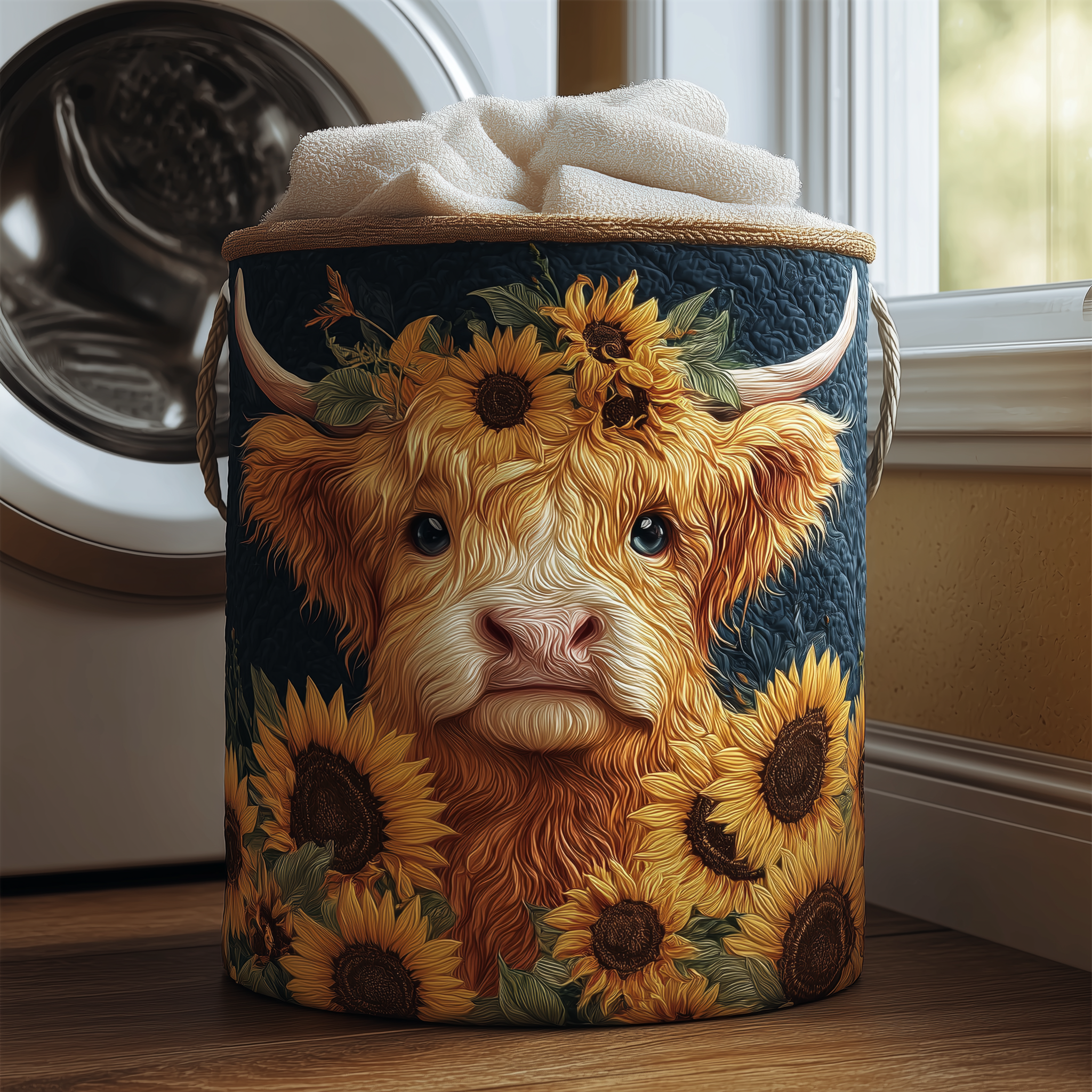Sunflower Cow Quilted Laundry Basket Graduation Merch Gift