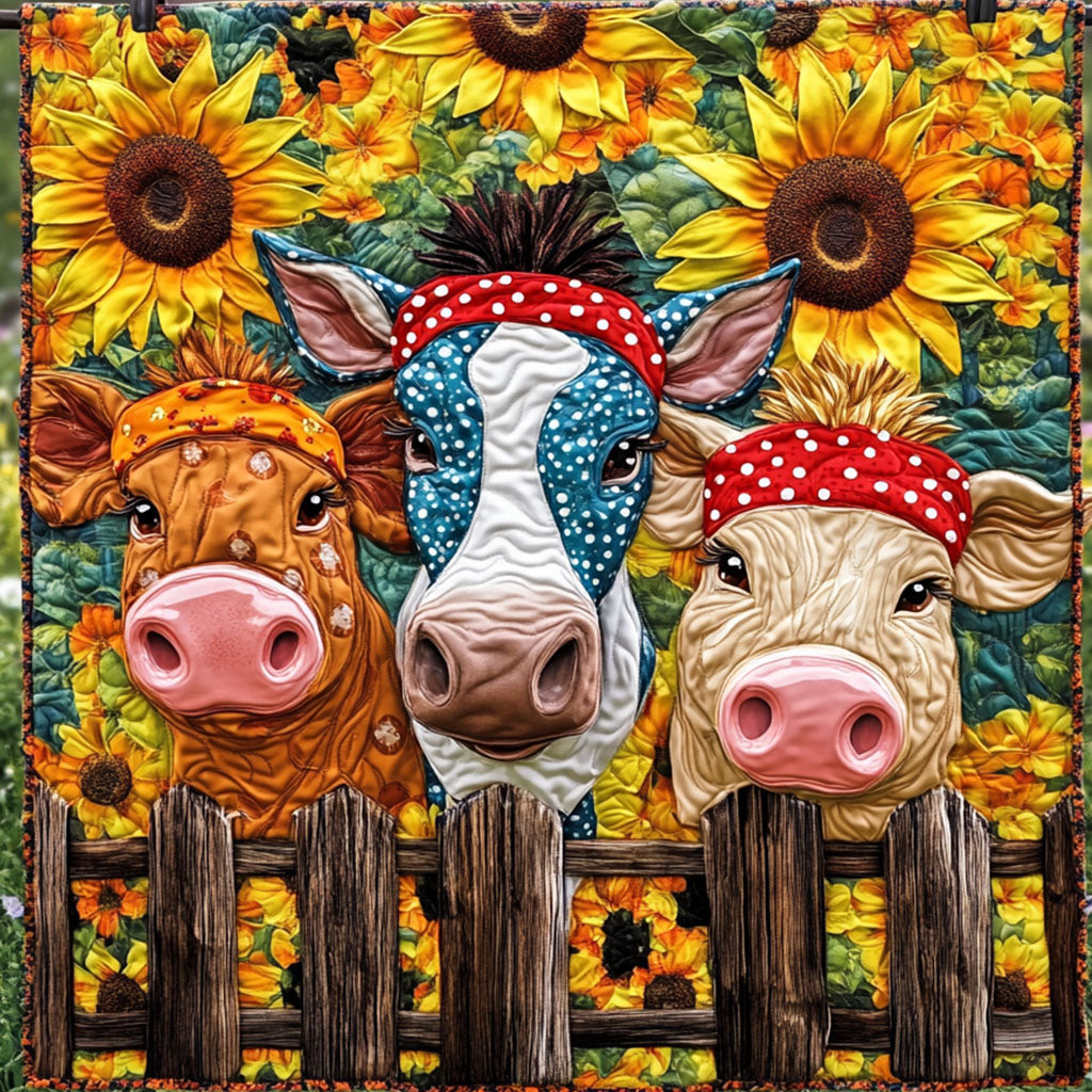 Sunflower Cows Quilted Blanket Best Couch Throw Blanket Christmas Gifts For Farmers