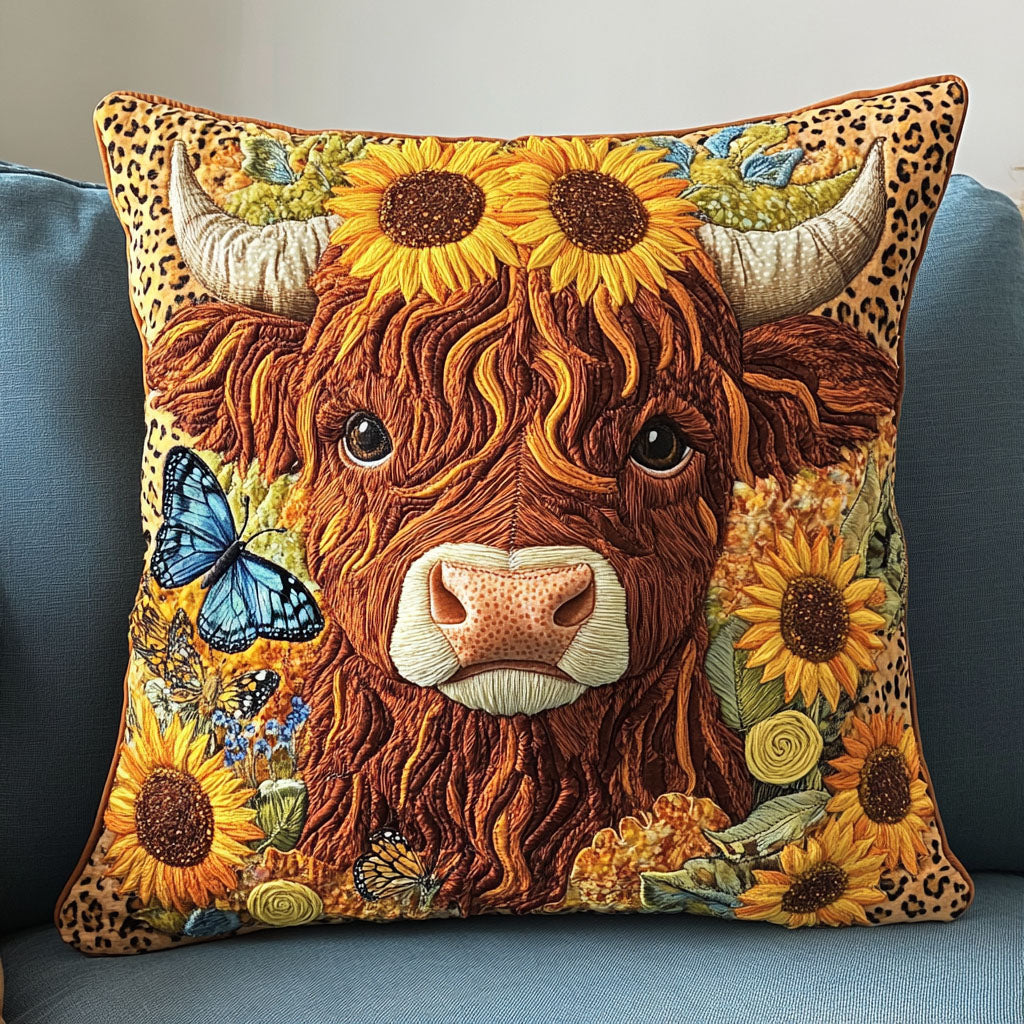 Sunflower Crown Moo Quilted Pillow Case Nice Pillow Covers Highland Cattle Gifts For Her