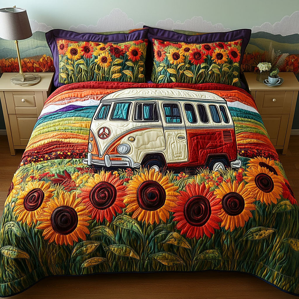 Sunflower Cruiser Quilted Bedding Set Cool Bedroom Decor Christmas Presents For Hippies