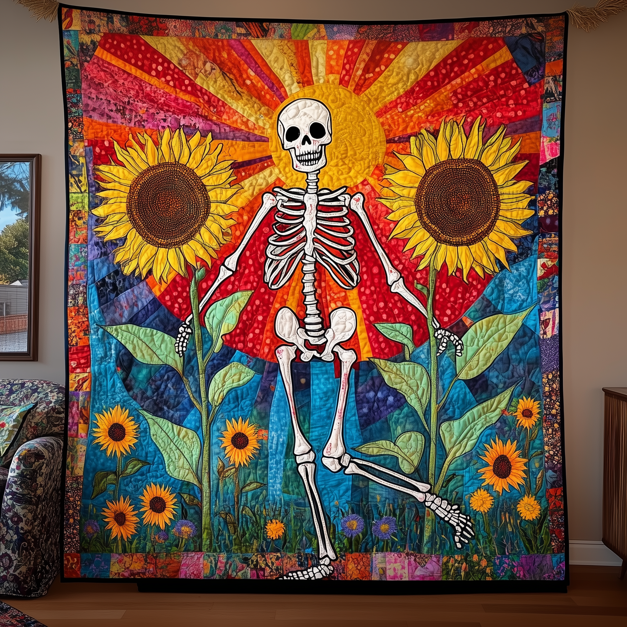Sunflower Dancing Skeleton Quilted Blanket Christmas Throw Best Gifts For Teens