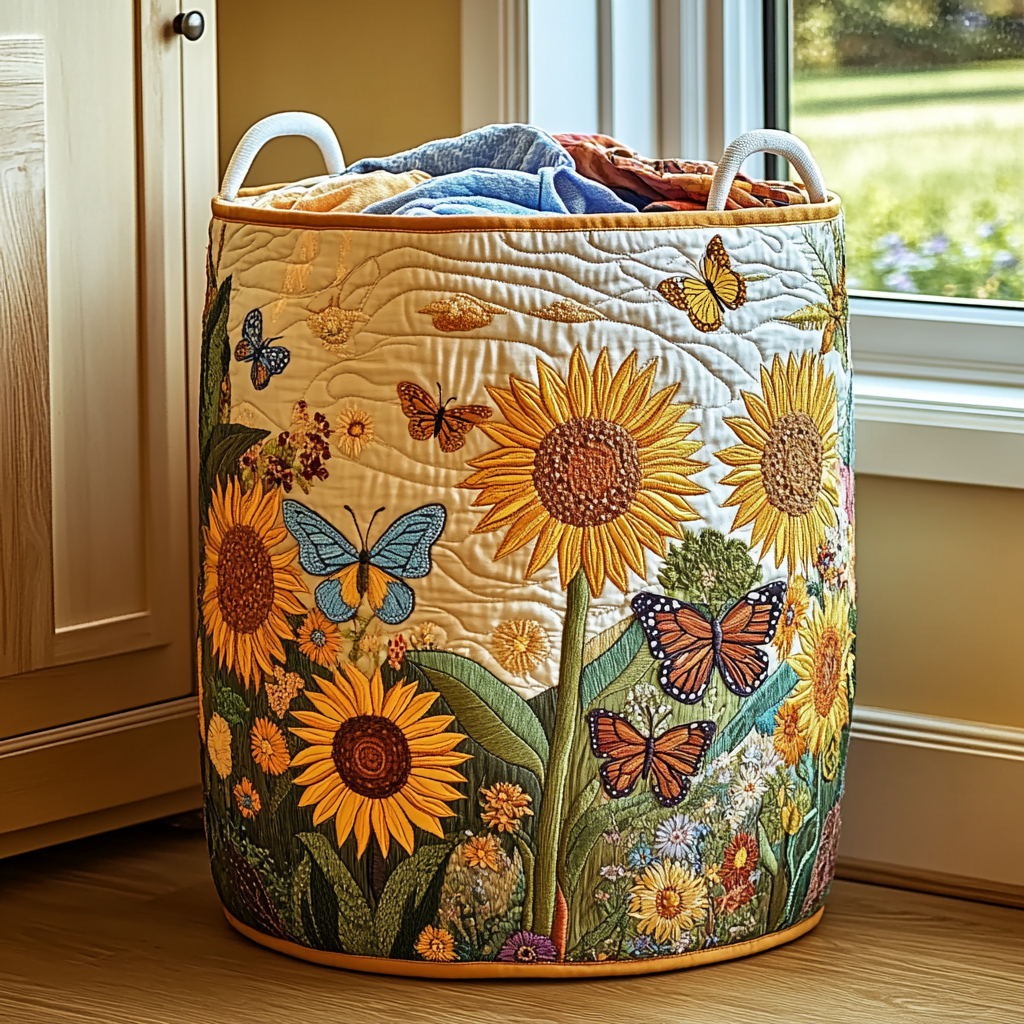 Sunflower Delight Quilted Laundry Basket New Year Merch Gift