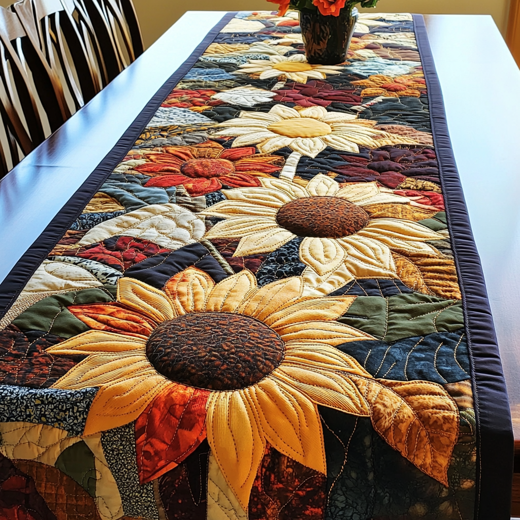 Sunflower Delight Quilted Table Runner Floral Table Cover Dining Room Table Decor