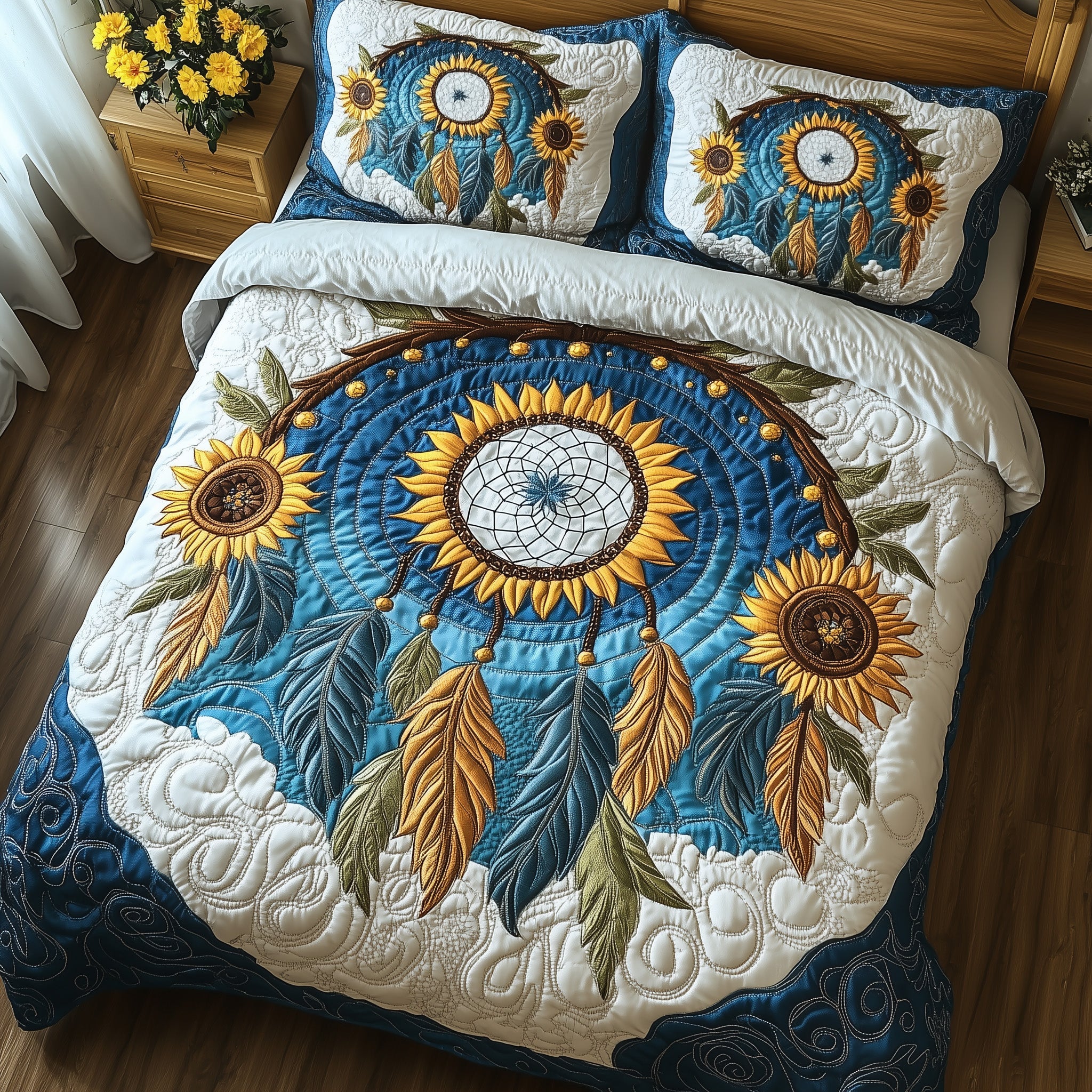 Sunflower Dream Catcher Quilted Bedding Set Duvet Cover Merchandise Best Cat Christmas Gifts