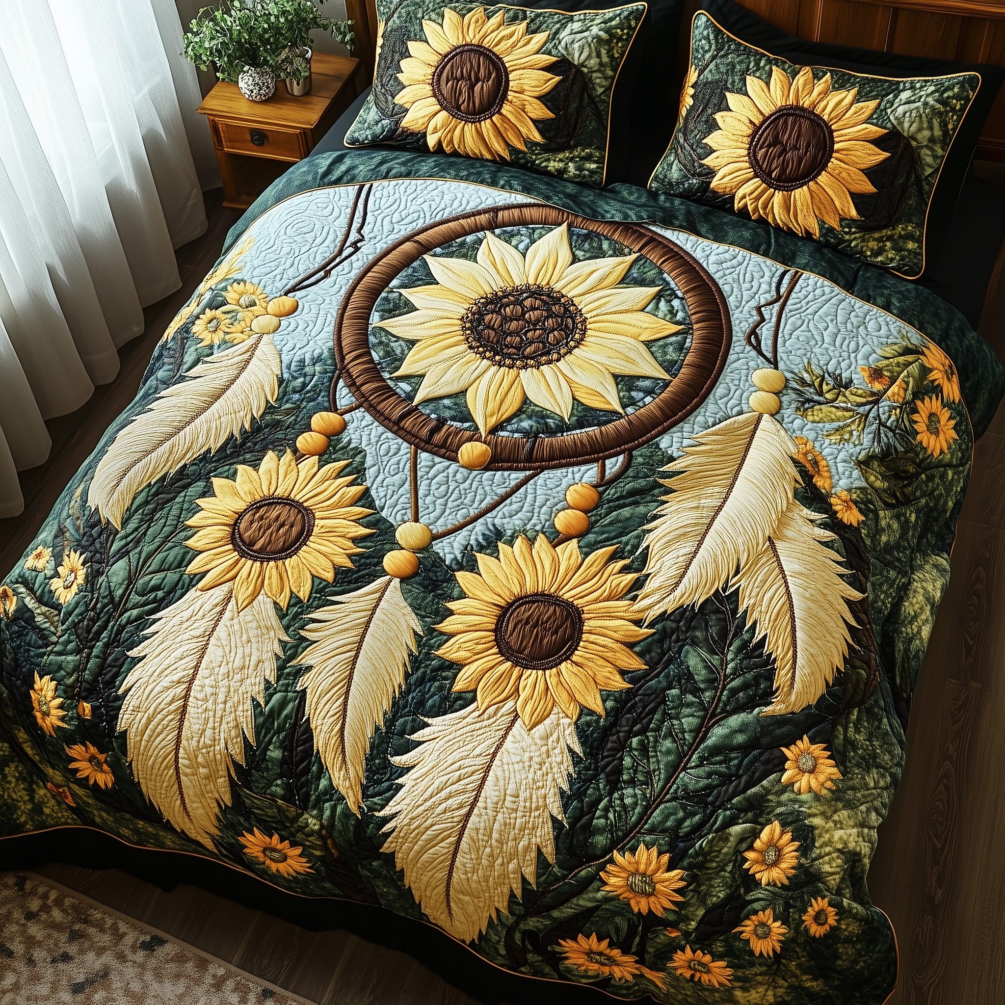 Sunflower Dream Catcher Quilted Bedding Set Duvet Cover Merchandise Birthday Presents For Cat Lovers