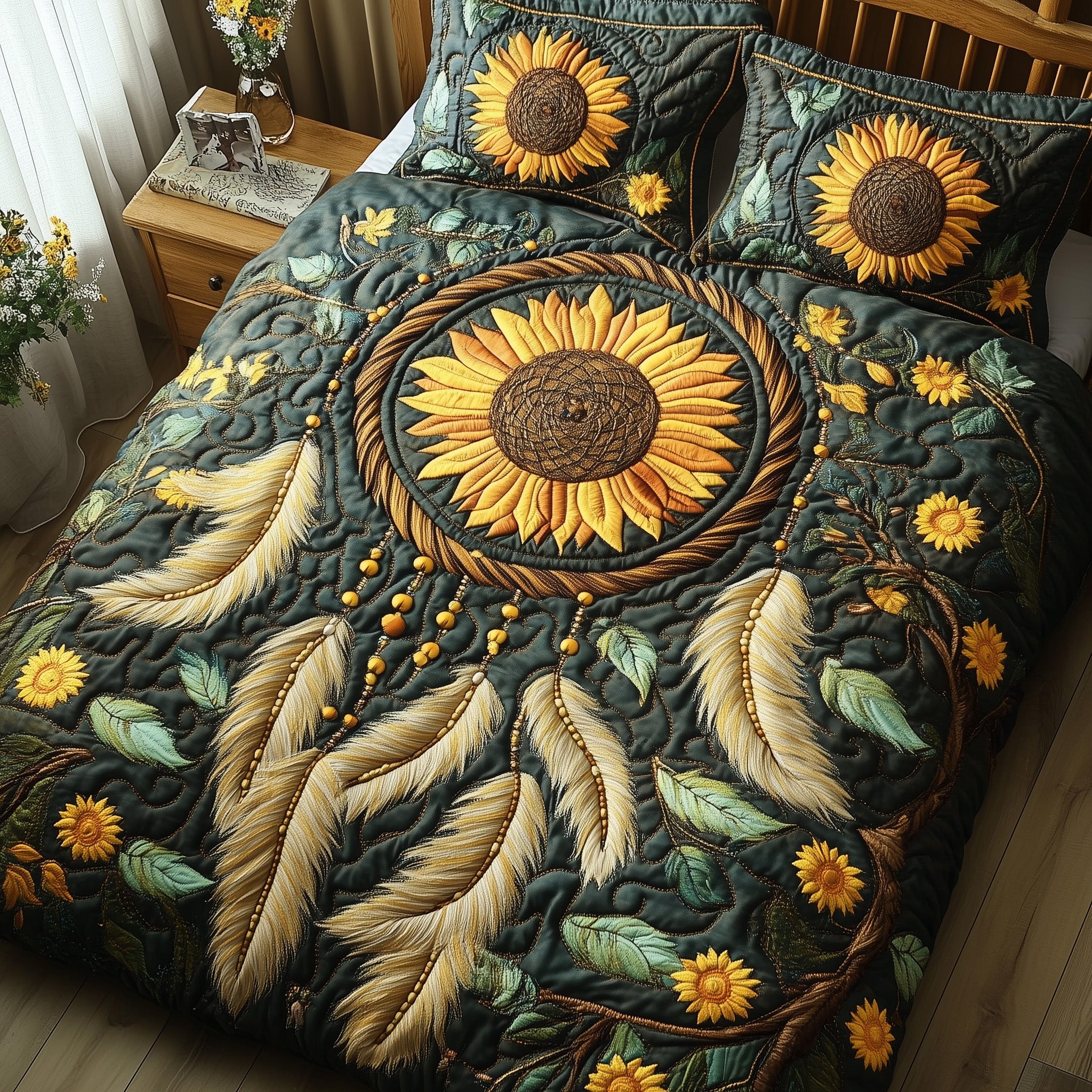 Sunflower Dream Catcher Quilted Bedding Set Duvet Cover Merchandise Cat Related Gifts