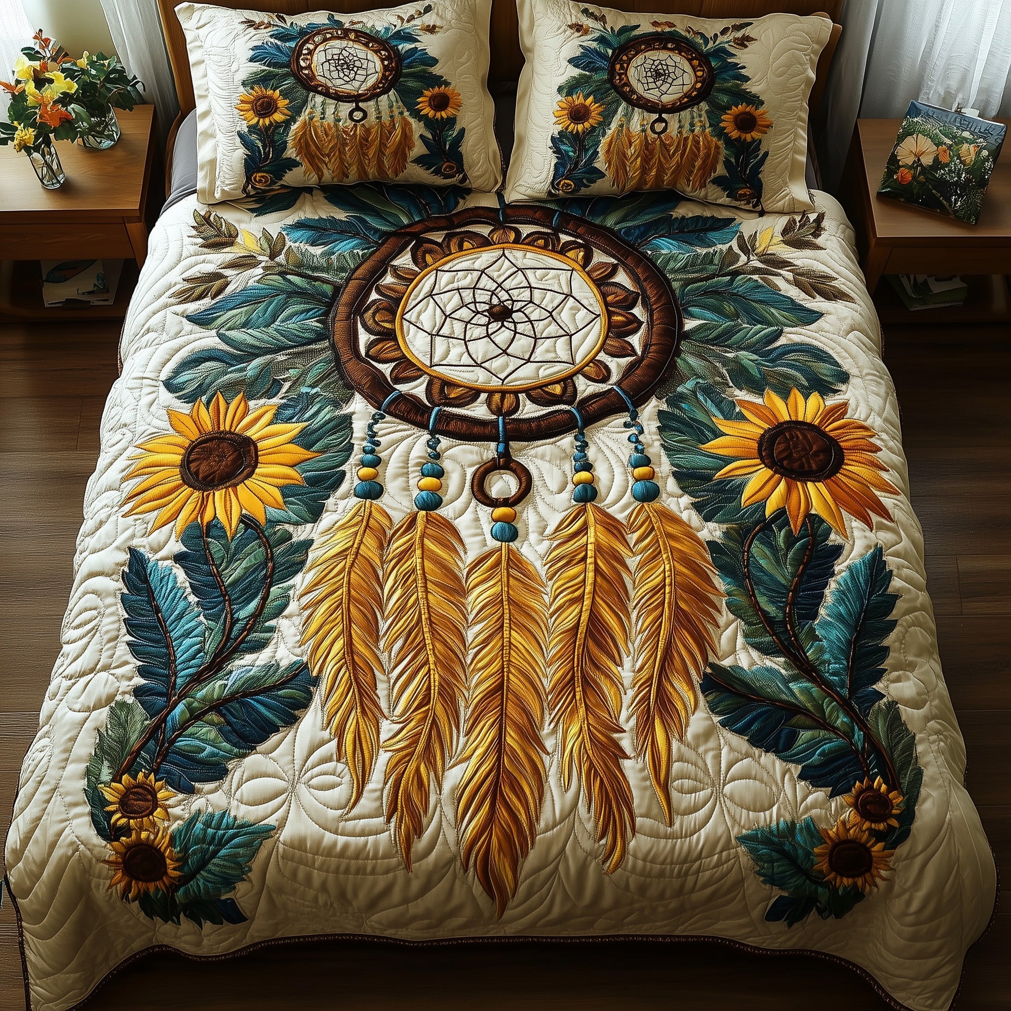 Sunflower Dream Catcher Quilted Bedding Set Duvet Cover Merchandise Cat Related Presents