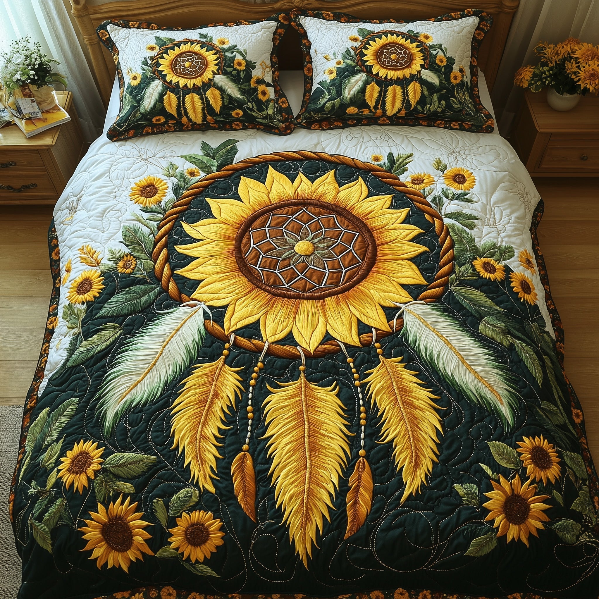 Sunflower Dream Catcher Quilted Bedding Set Duvet Cover Merchandise Cool Gifts For Cat Owners