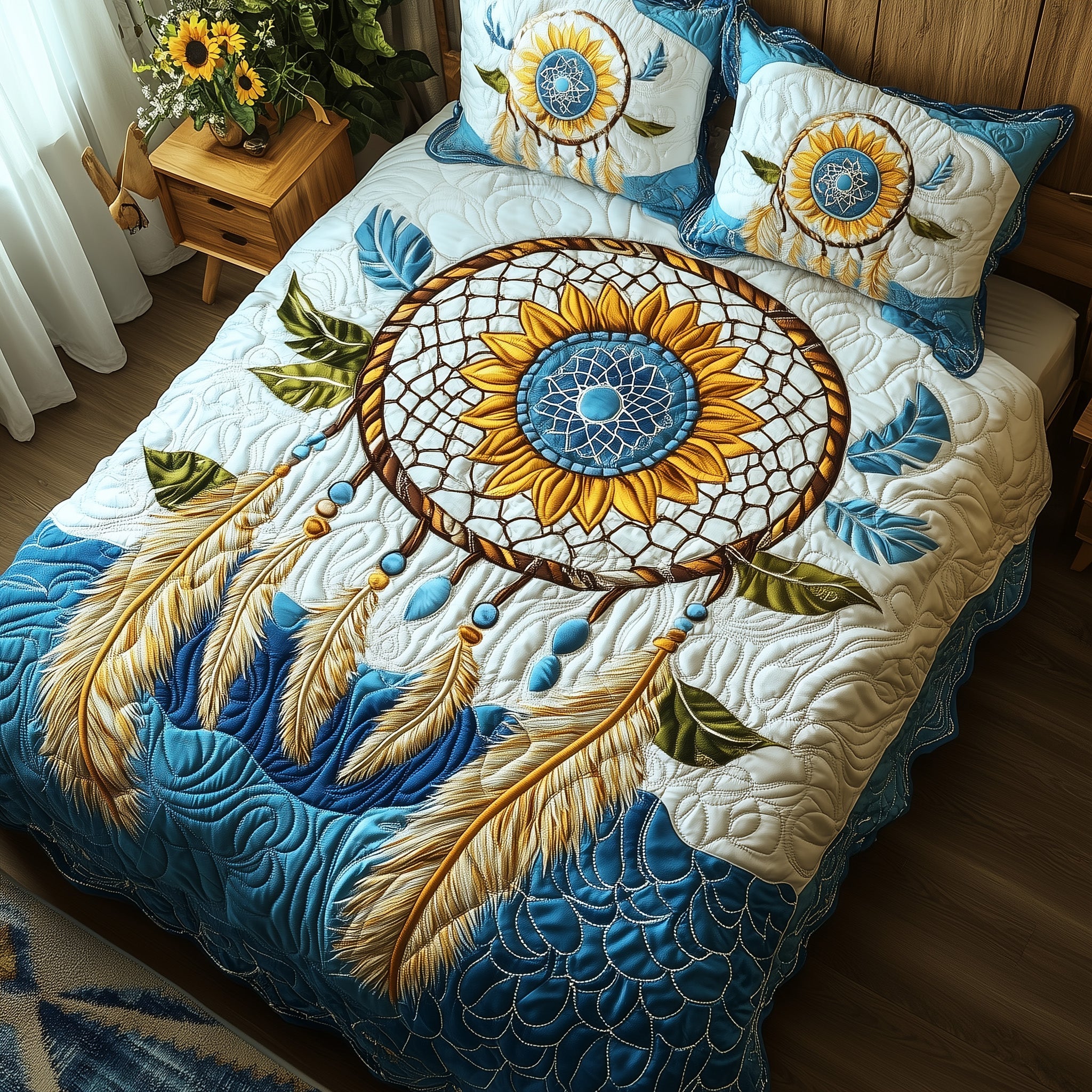 Sunflower Dream Catcher Quilted Bedding Set Duvet Cover Merchandise Present For Someone Who Loves Cats