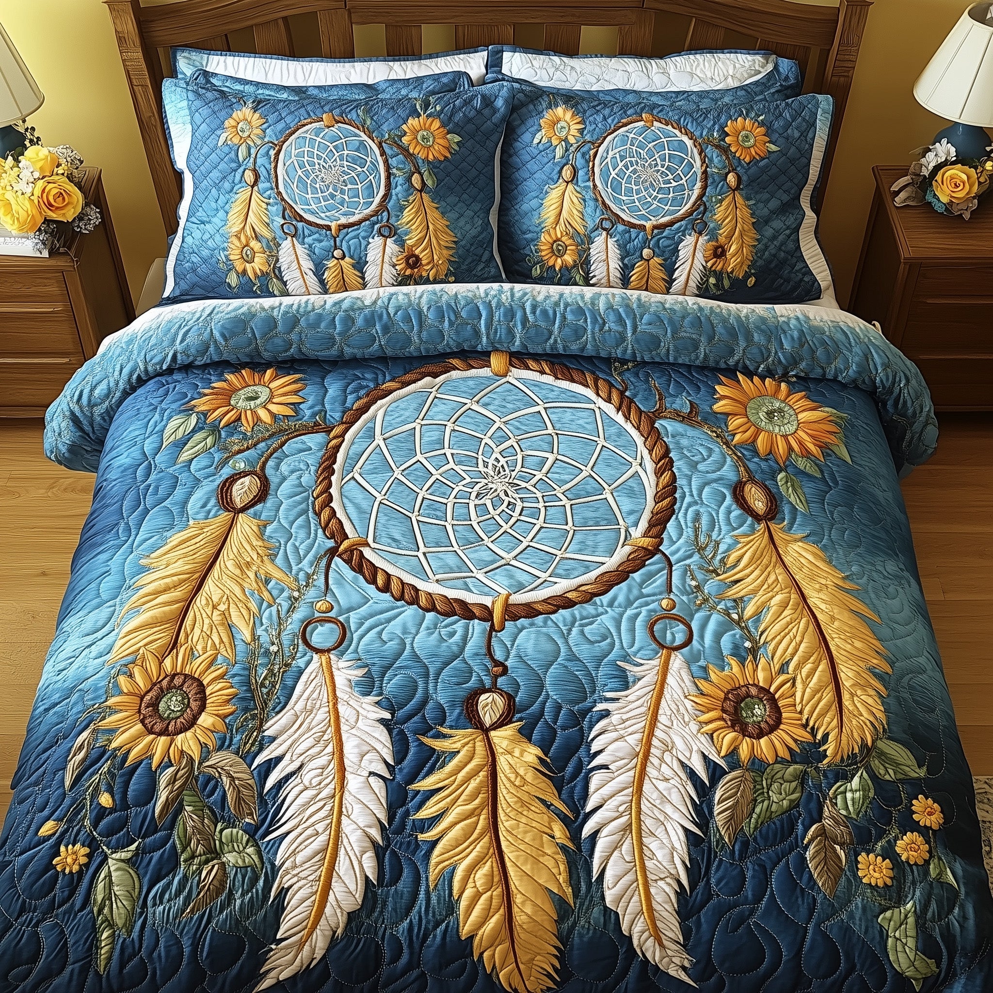 Sunflower Dream Catcher Quilted Bedding Set Duvet Cover Merchandise Unusual Cat Gifts