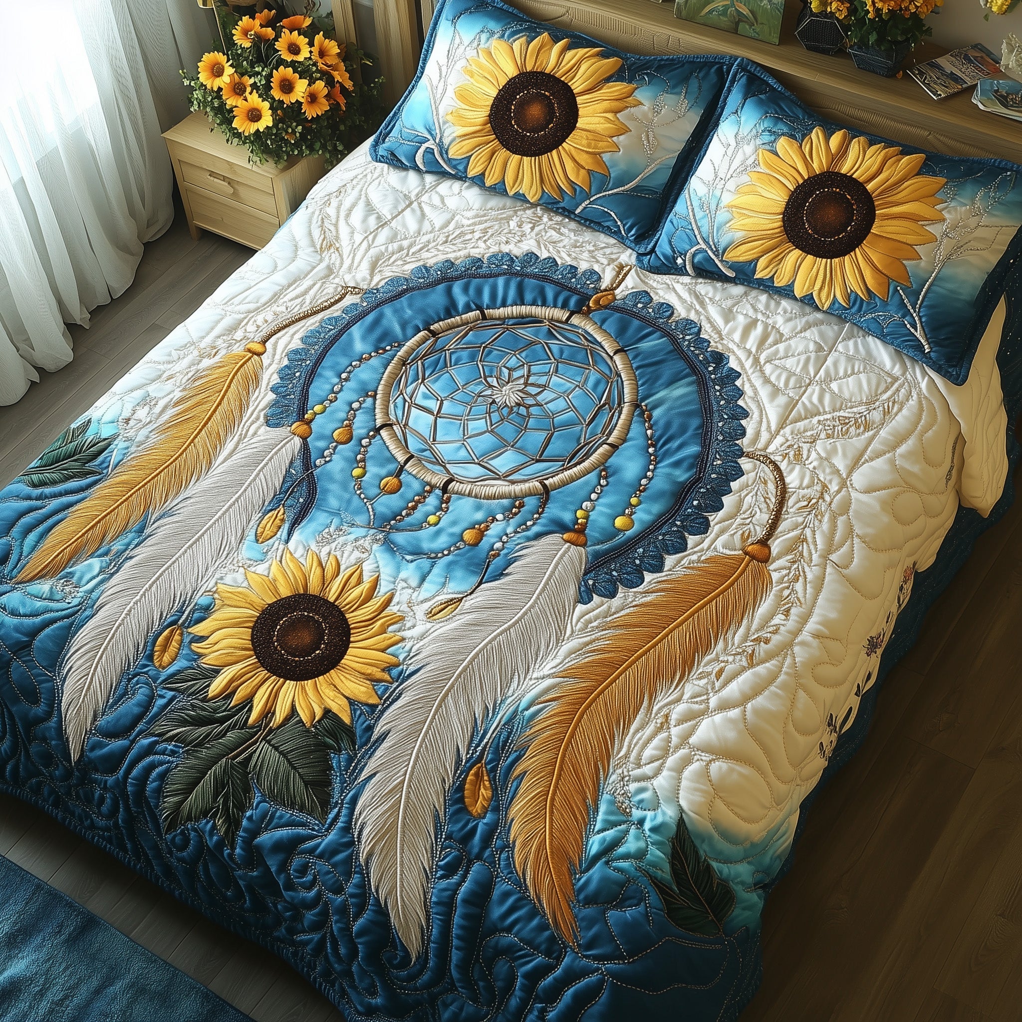 Sunflower Dream Catcher Quilted Bedding Set Duvet Cover Merchandise Weird Gifts For Cat Lovers