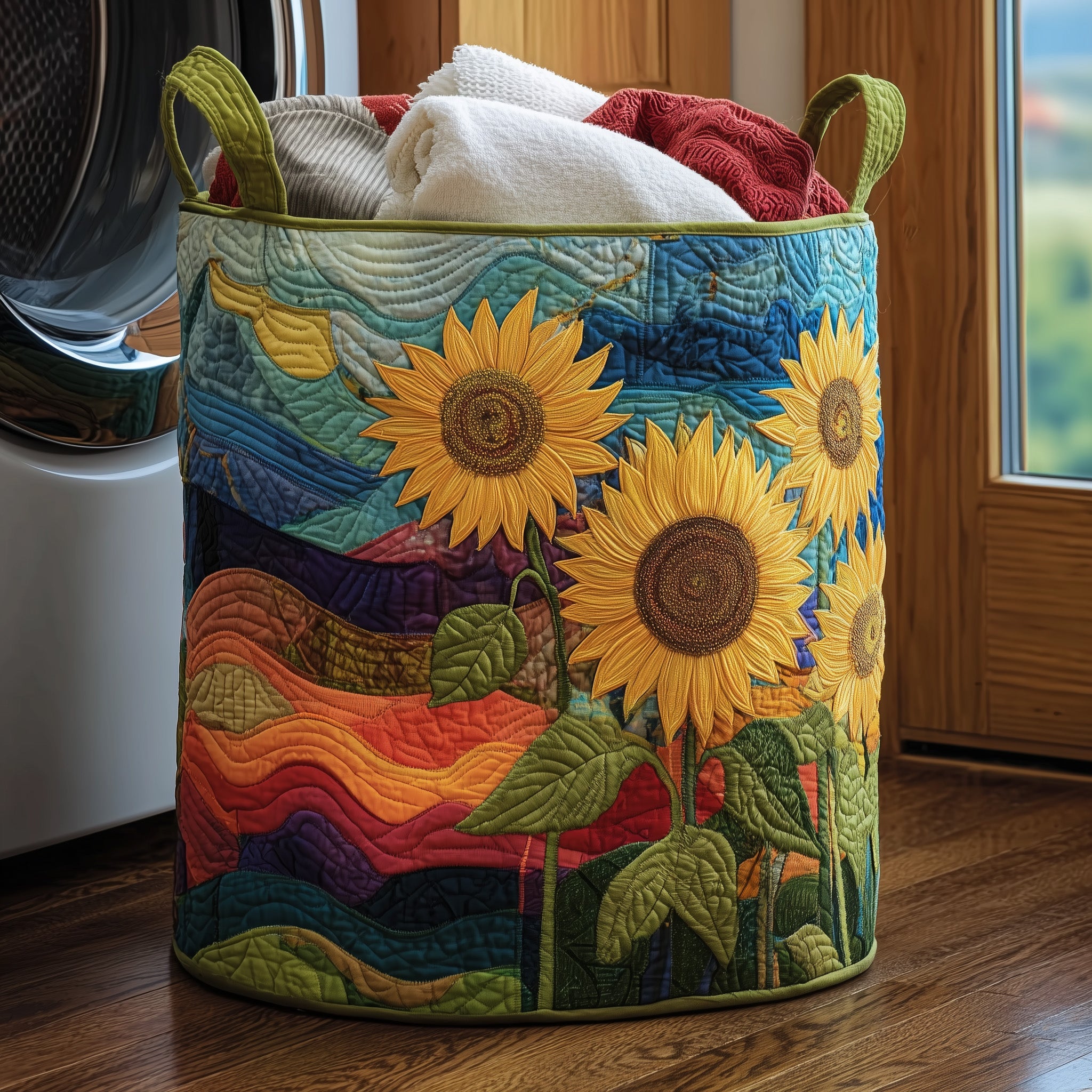 Sunflower Field Quilted Laundry Basket Beautiful Gifts For Flower Enthusiasts