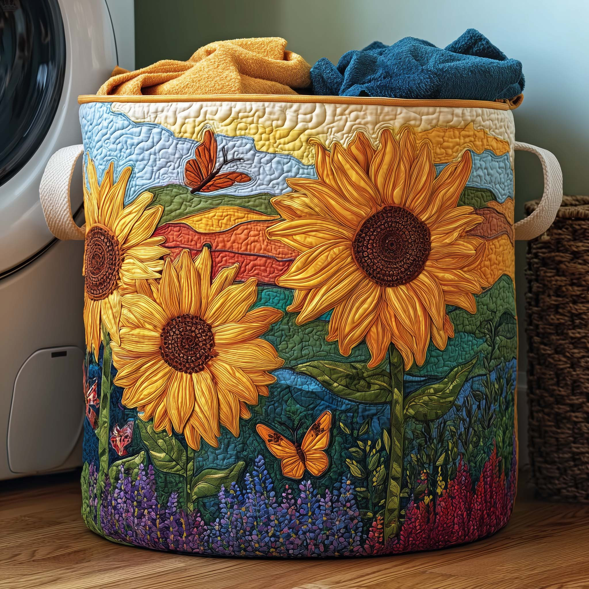 Sunflower Field Quilted Laundry Basket Laundry Room Decor Flower Lover Gifts