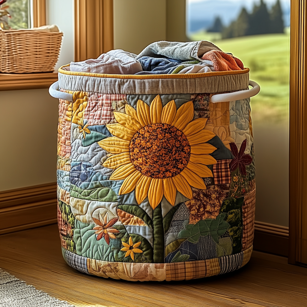 Sunflower Field Quilted Laundry Basket Thanksgiving Merch Gift