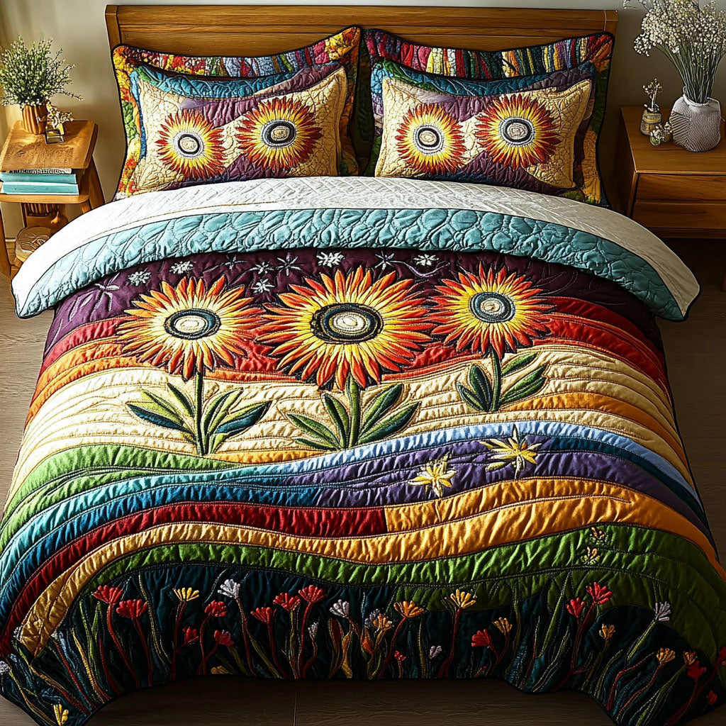 Sunflower Fields Forever Quilted Bedding Set Luxury Comforter Gift Set for Him or Her