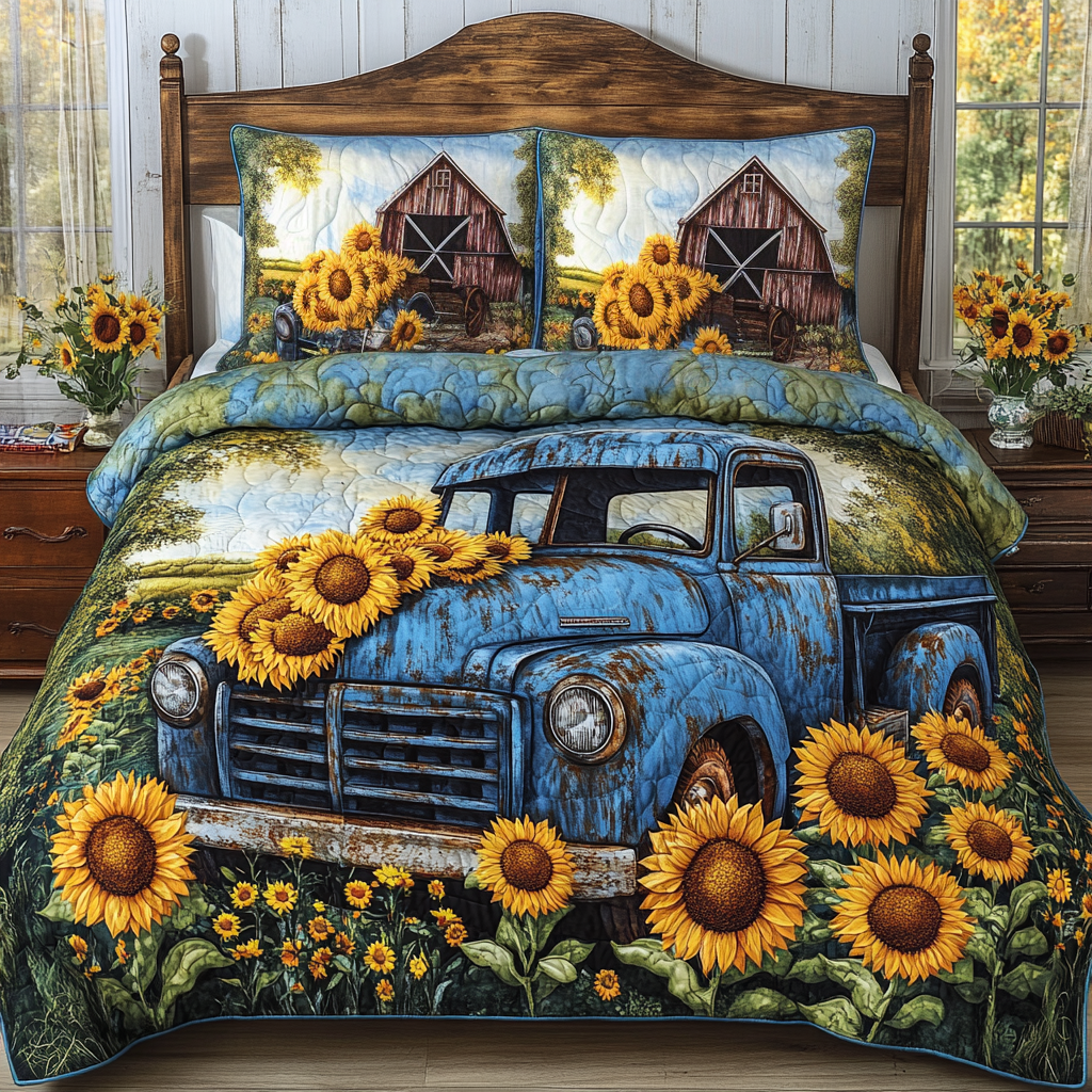 Sunflower Fields Quilted Bedding Set Aesthetic Room Decor Sunflower Theme Gifts