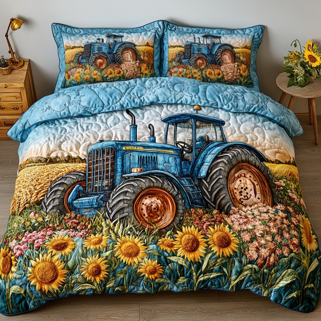 Sunflower Fields Quilted Bedding Set Bed Decorations Tractor Themed Gifts For Adults