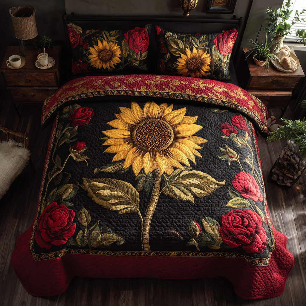 Sunflower Fields Quilted Bedding Set Bedroom Decorations Sunflower Gift Items