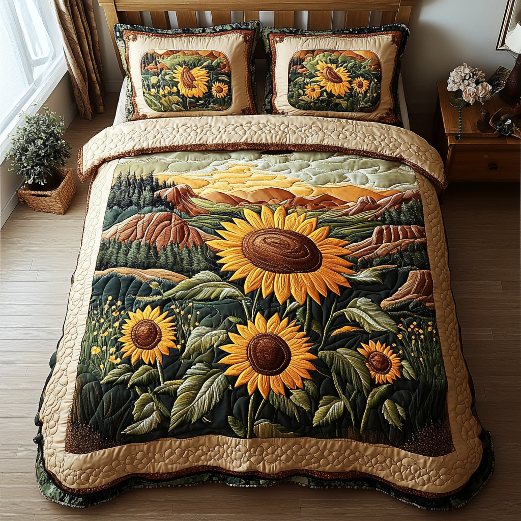 Sunflower Fields Quilted Bedding Set Cozy Comforter Set for Winter Warmth