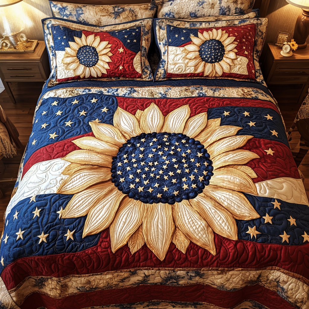 Sunflower Flag Quilted Bedding Set Aesthetic Room Decor Patriotic Gifts For Women